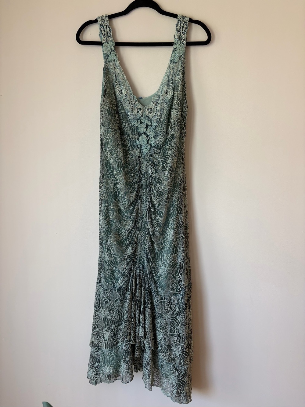 Y2K Fairy Dress Vintage Lace-Overlay Floral Maxi Ruched Dress Sage Green